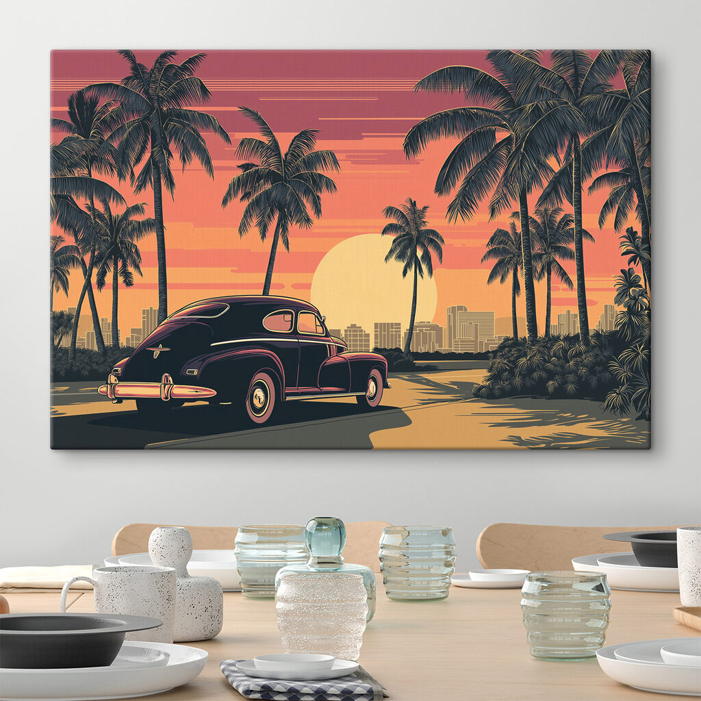 Car parked on a road with palm trees and a city in the background