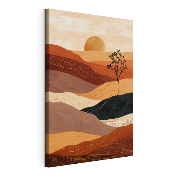 Canvas Schilderijen Landschap met een boom en heuvels