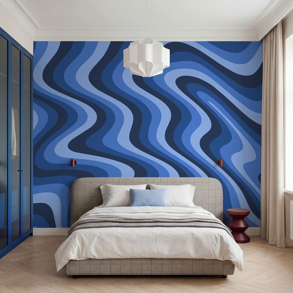 Blauwe en witte golvende lijnen