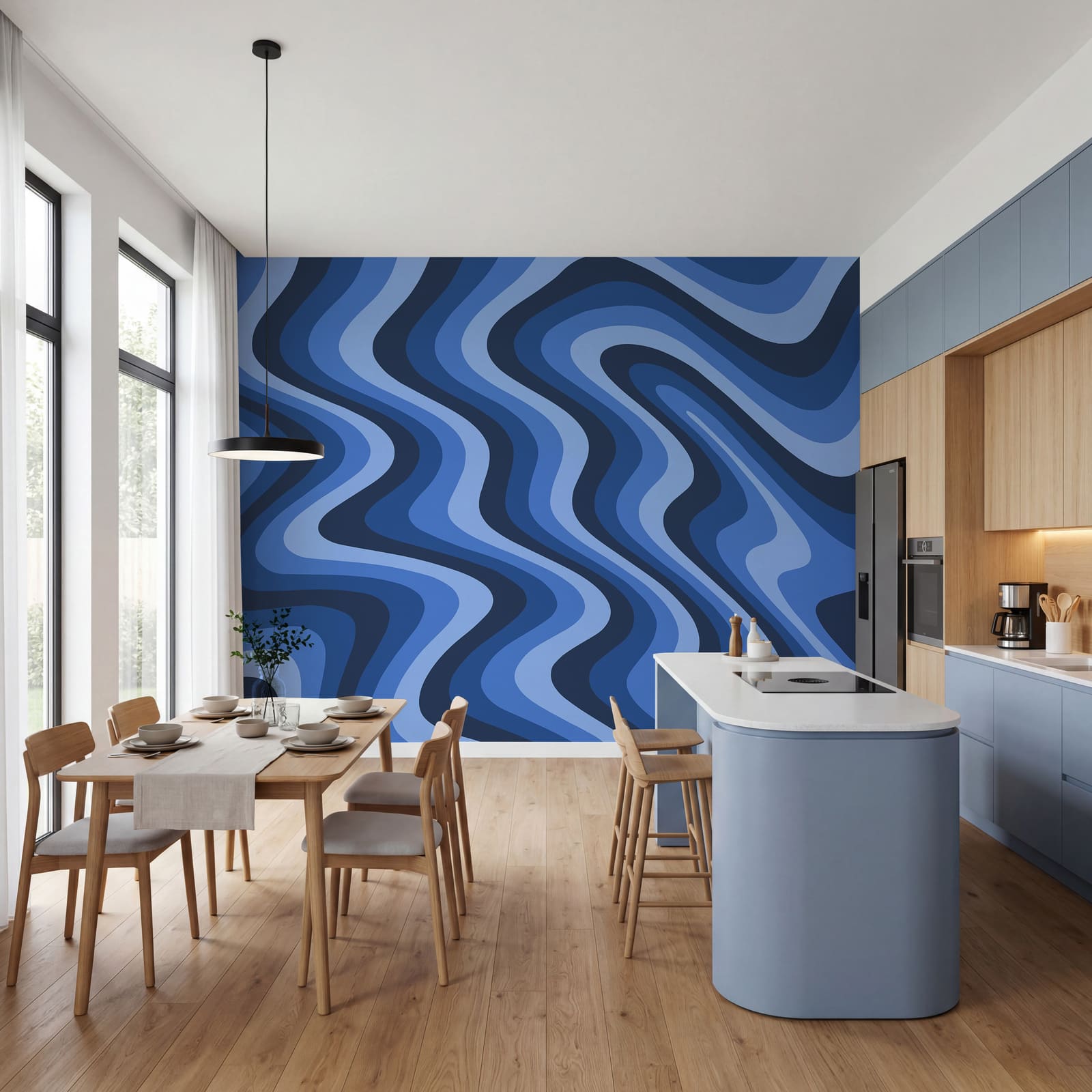Blauwe en witte golvende lijnen