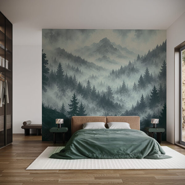 Mistig berglandschap met bomen en een rivier Mistig berglandschap met bomen en een rivier