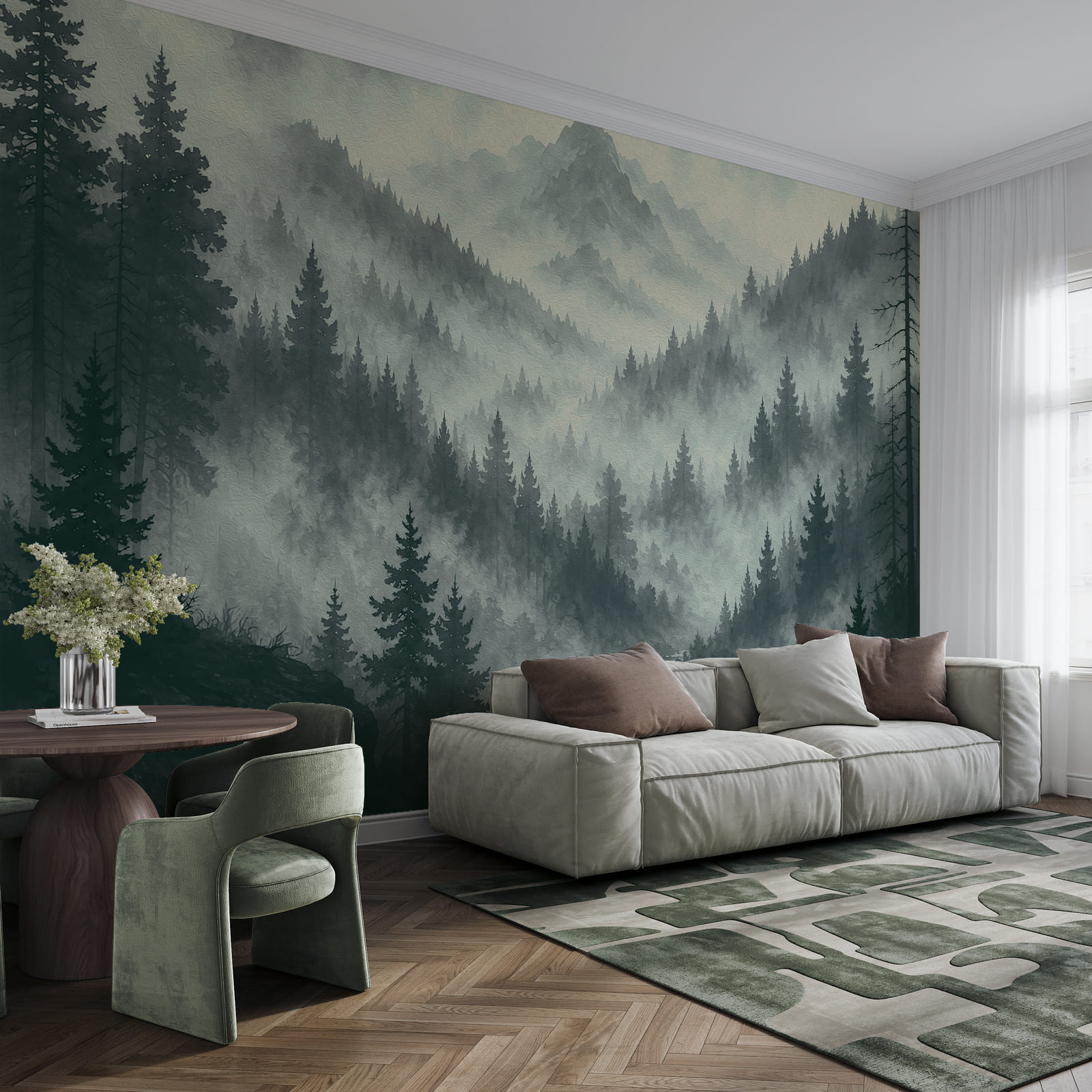 Mistig berglandschap met bomen en een rivier Mistig berglandschap met bomen en een rivier
