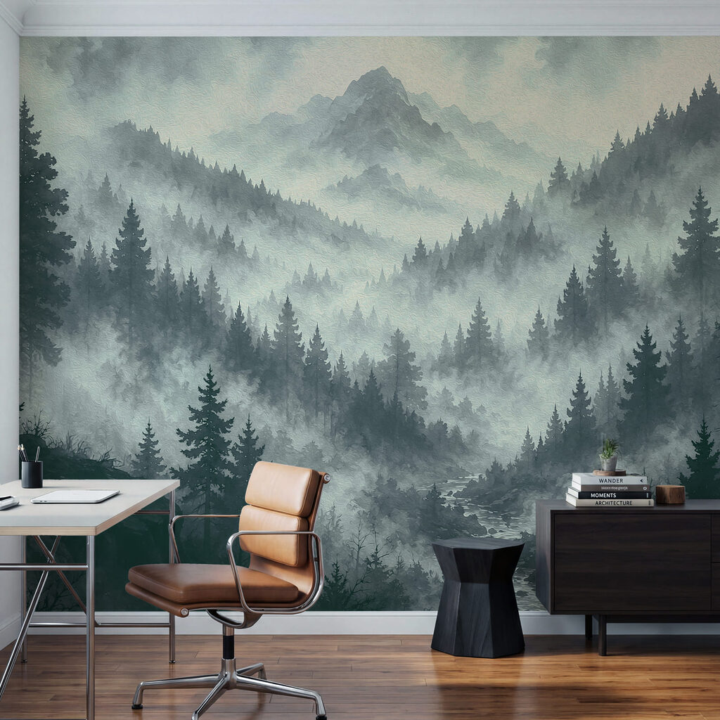 Mistig berglandschap met bomen en een rivier Mistig berglandschap met bomen en een rivier
