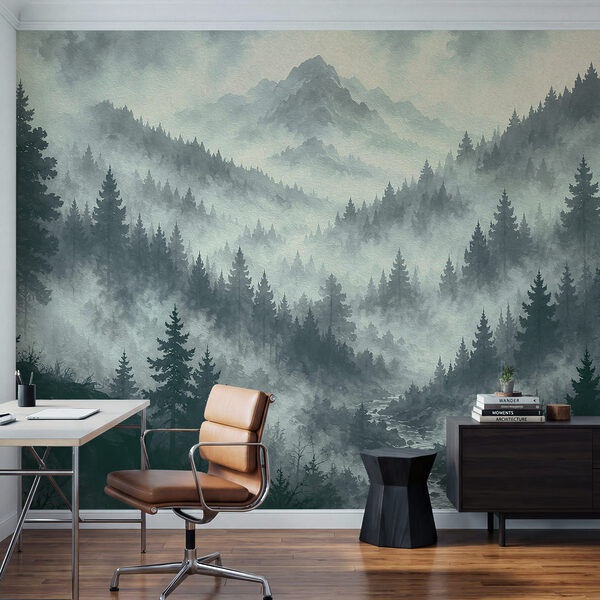 Mistig berglandschap met bomen en een rivier Mistig berglandschap met bomen en een rivier