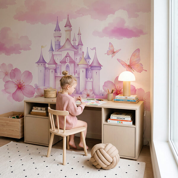 Roze kasteel met vlinders en roze wolken Roze kasteel met vlinders en roze wolken