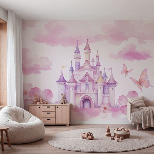 Roze kasteel met vlinders en roze wolken Roze kasteel met vlinders en roze wolken