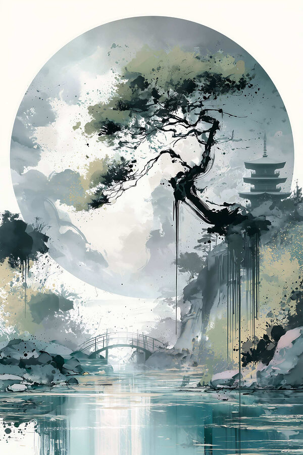 Painting of a bridge and a tree Painting of a bridge and a tree