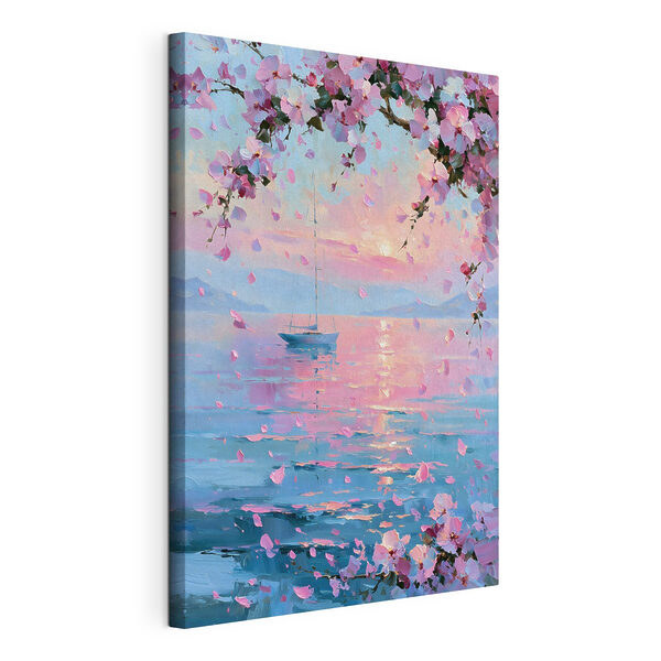 Painting of a sailboat on a calm body of water with pink flowers