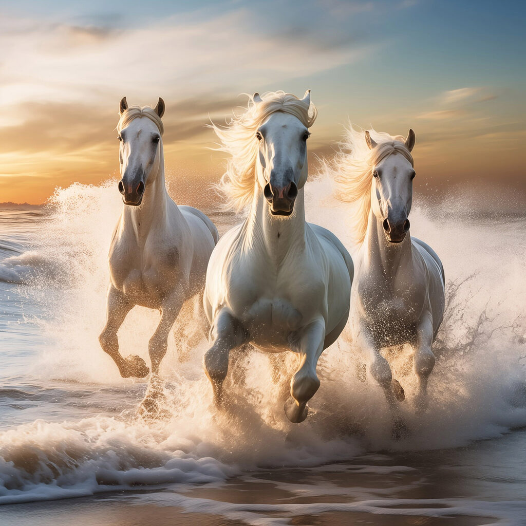 Group of white horses running on a beach Group of white horses running on a beach