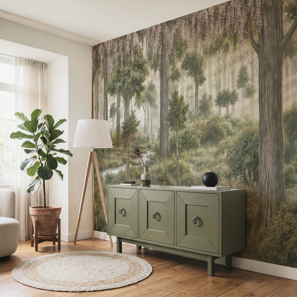 Schilderij van een bos met bomen en planten Schilderij van een bos met bomen en planten
