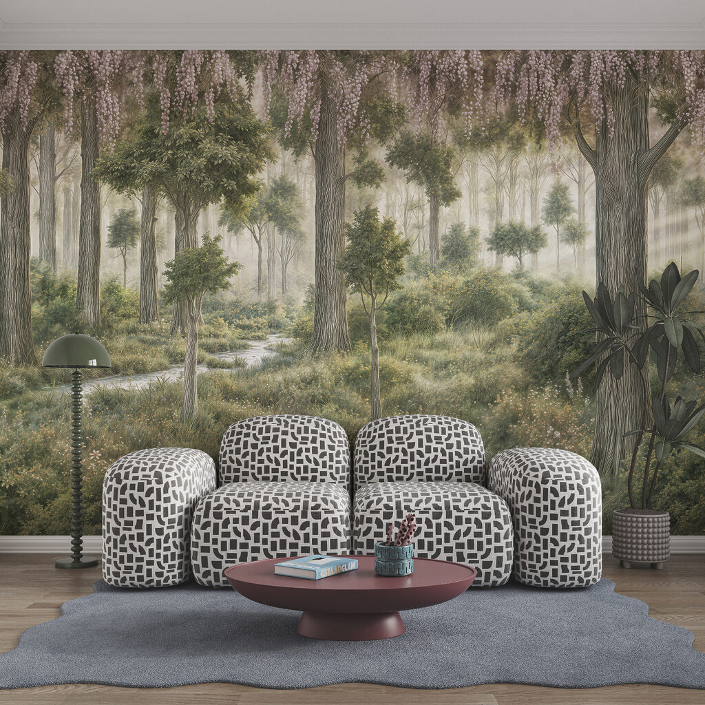 Schilderij van een bos met bomen en planten Schilderij van een bos met bomen en planten