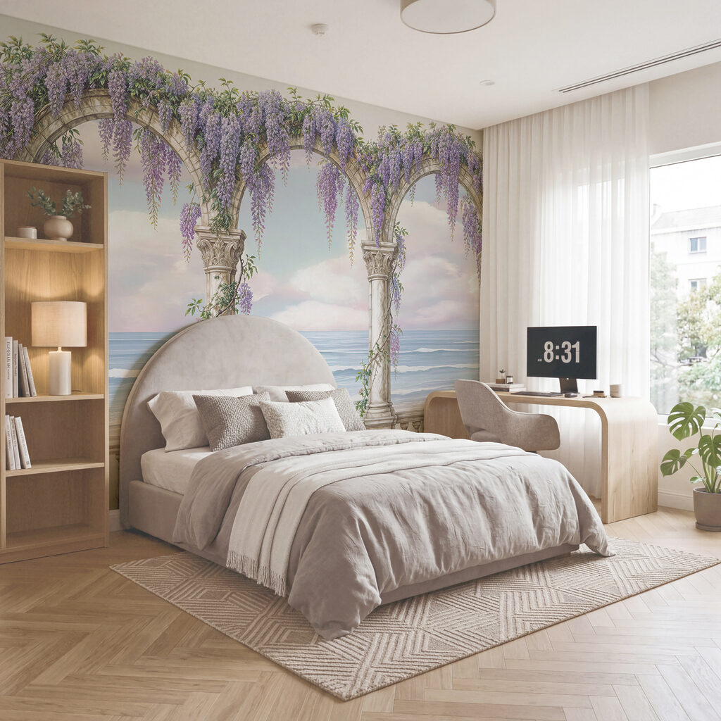 Schilderij van een boog met paarse bloemen erop Schilderij van een boog met paarse bloemen erop