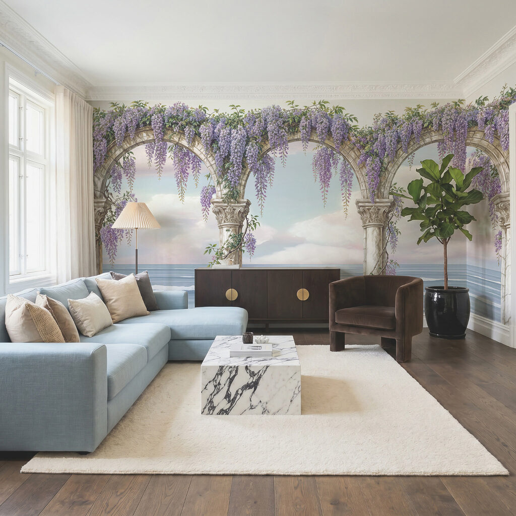 Schilderij van een boog met paarse bloemen erop Schilderij van een boog met paarse bloemen erop