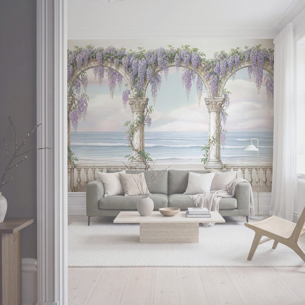 Schilderij van een boog met paarse bloemen erop Schilderij van een boog met paarse bloemen erop