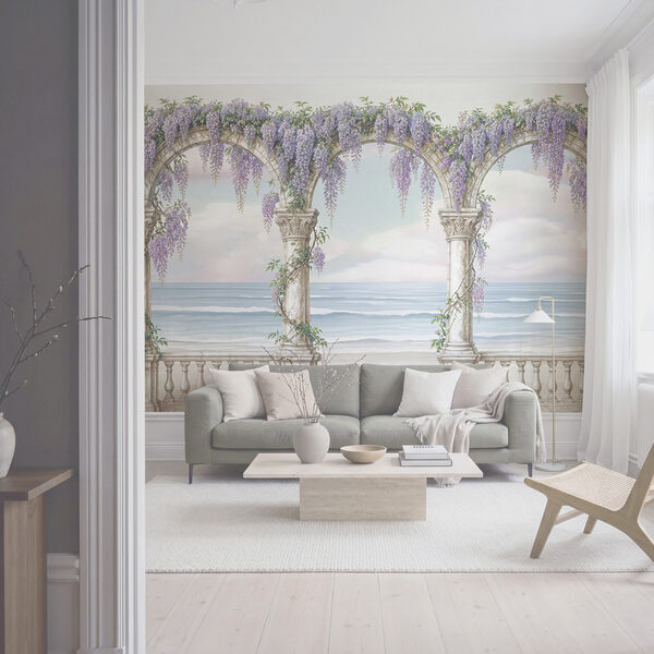Schilderij van een boog met paarse bloemen erop Schilderij van een boog met paarse bloemen erop