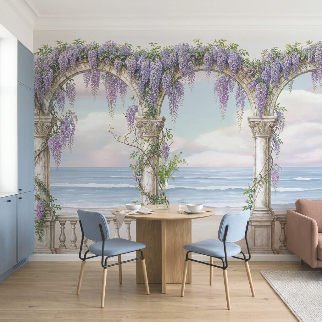 Schilderij van een boog met paarse bloemen erop Schilderij van een boog met paarse bloemen erop