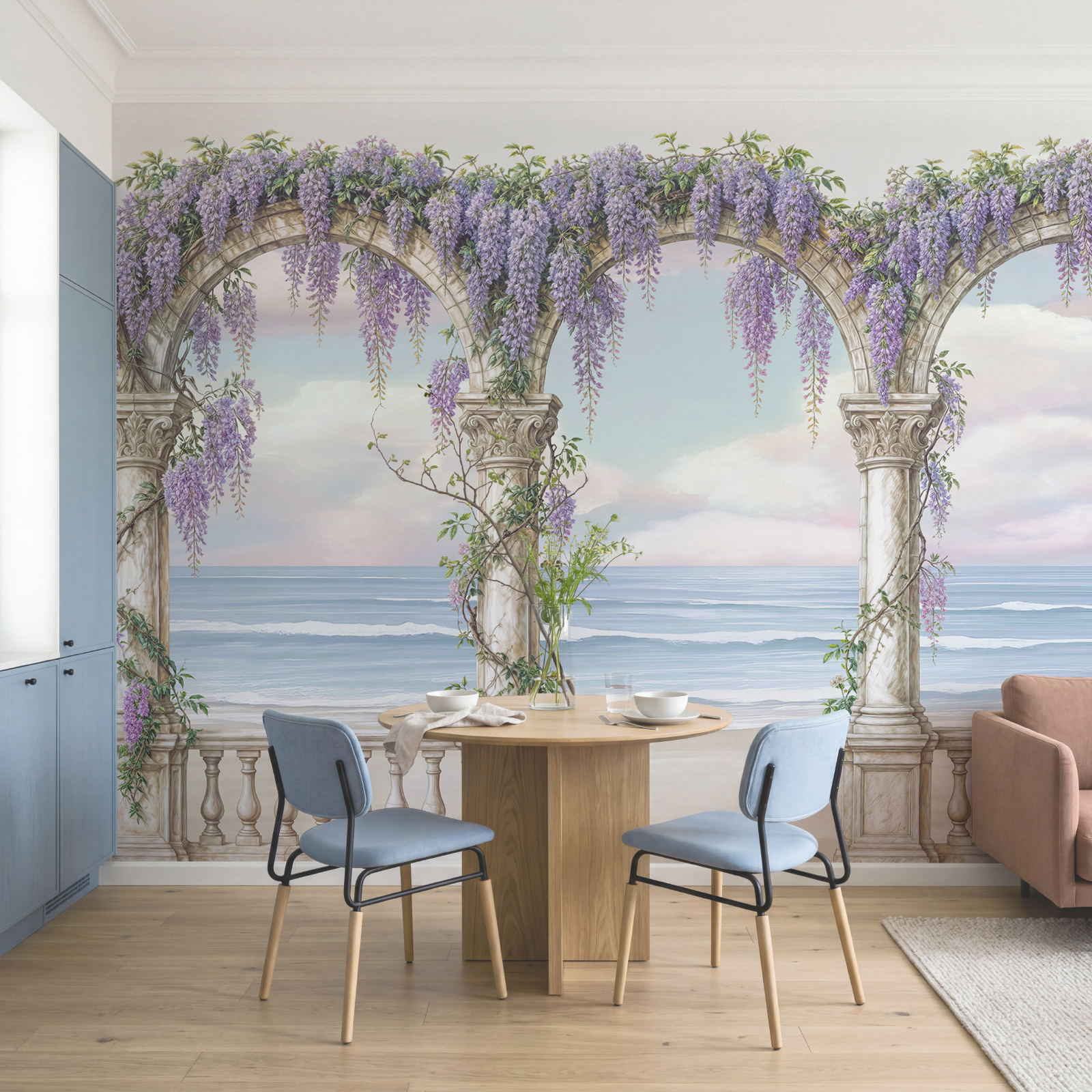 Schilderij van een boog met paarse bloemen erop Schilderij van een boog met paarse bloemen erop
