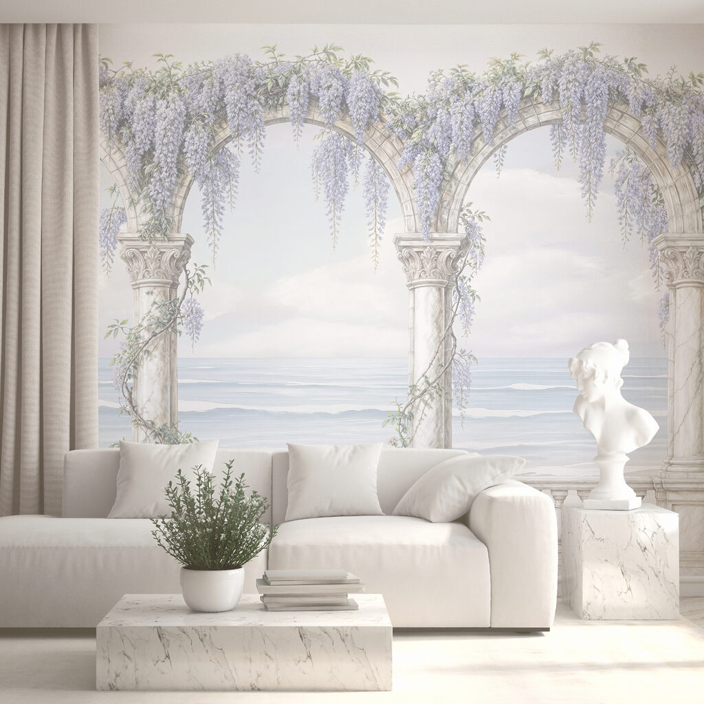 Witte boog met paarse bloemen erop Witte boog met paarse bloemen erop