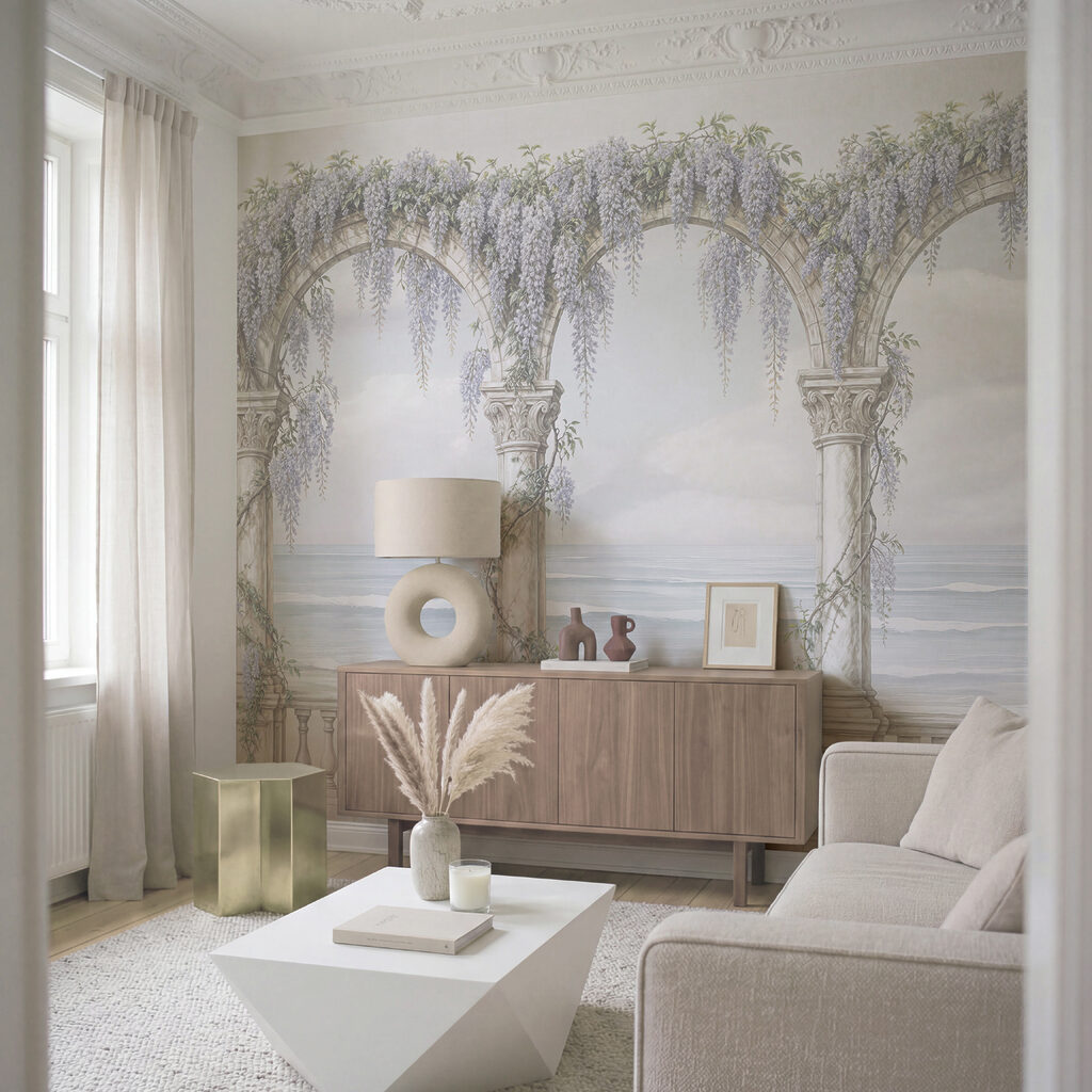 Witte boog met paarse bloemen erop Witte boog met paarse bloemen erop
