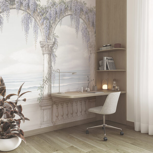 Witte boog met paarse bloemen erop Witte boog met paarse bloemen erop