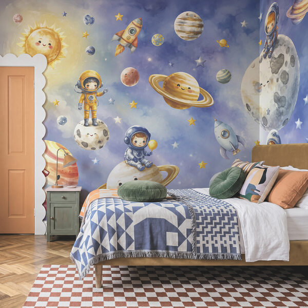Groep van stripastronauten en planeten Groep van stripastronauten en planeten