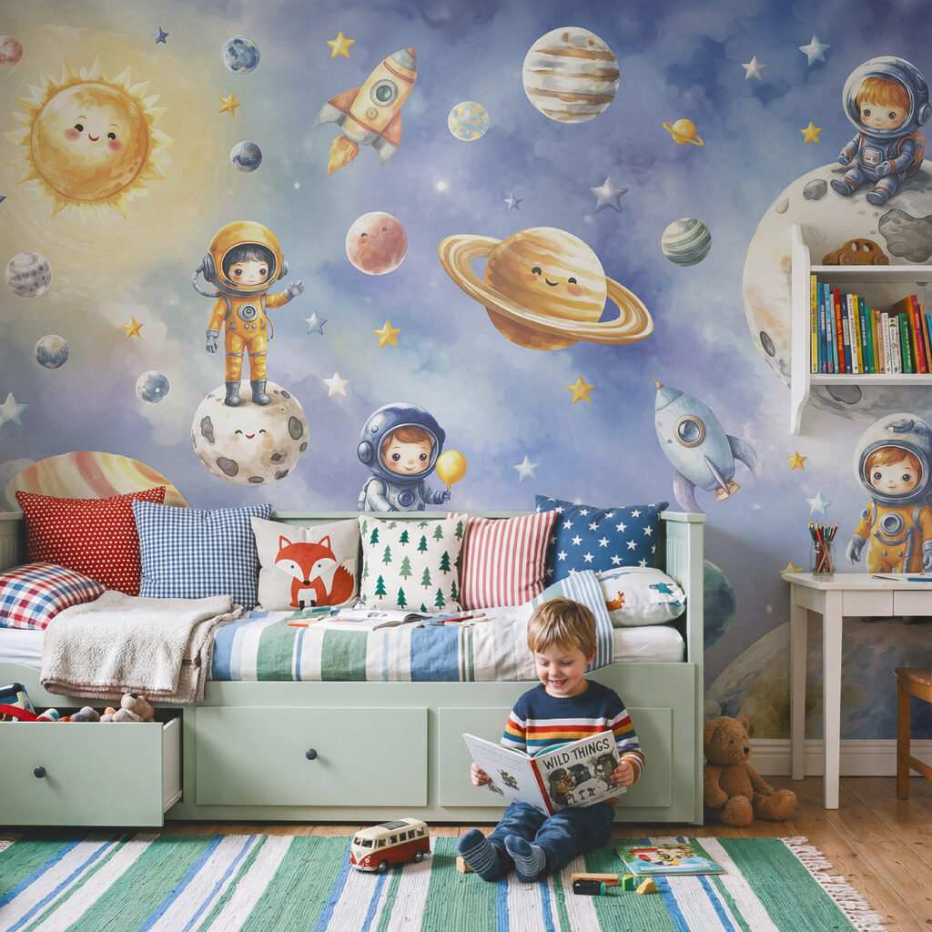 Groep van stripastronauten en planeten Groep van stripastronauten en planeten