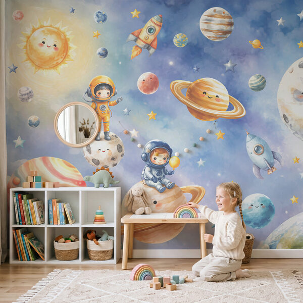 Groep van stripastronauten en planeten Fotobehang Groep van stripastronauten en planeten