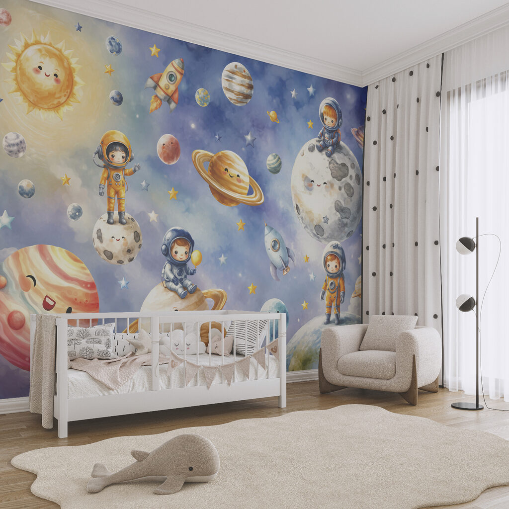 Groep van stripastronauten en planeten Groep van stripastronauten en planeten