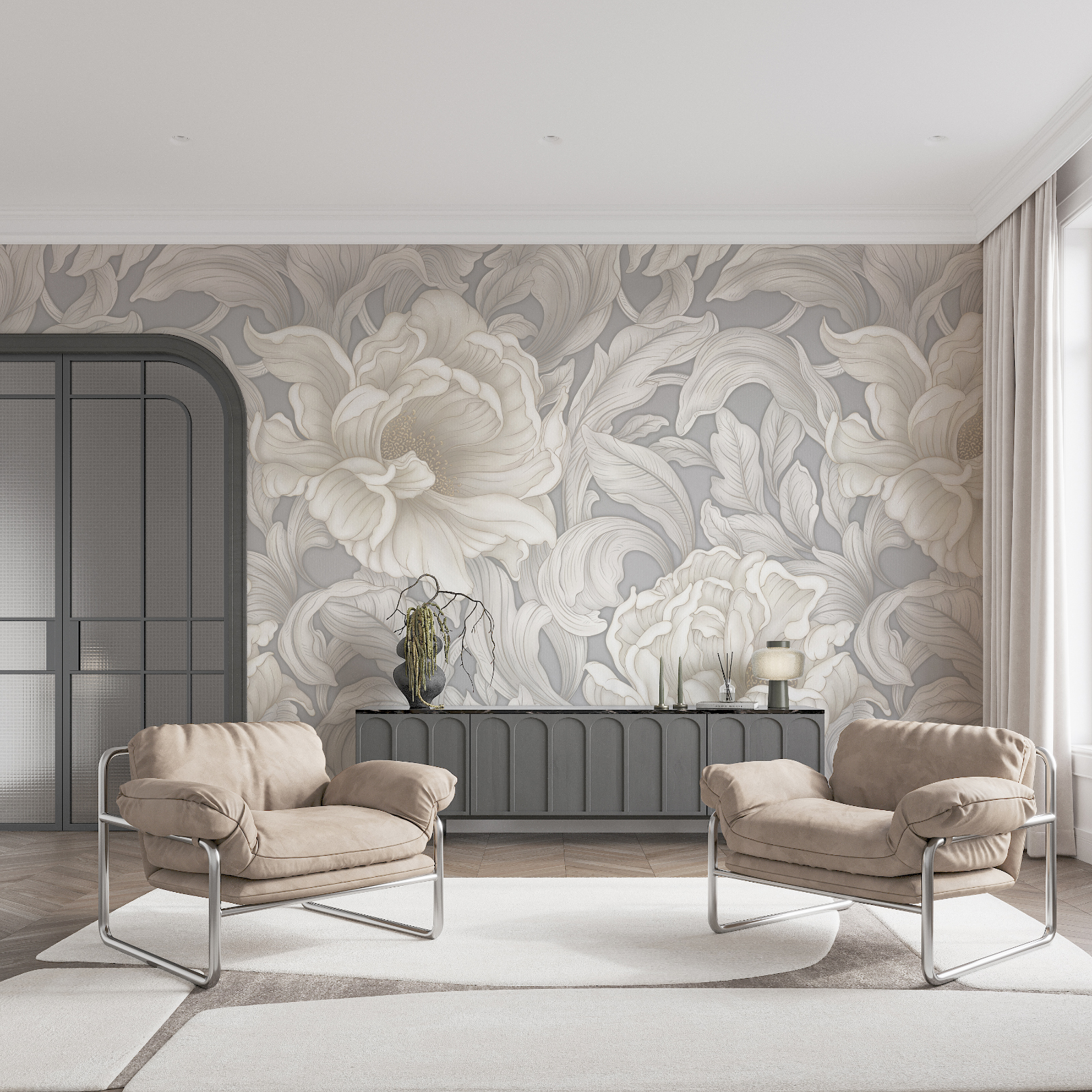 Behang met bloemen en bladeren Behang met bloemen en bladeren