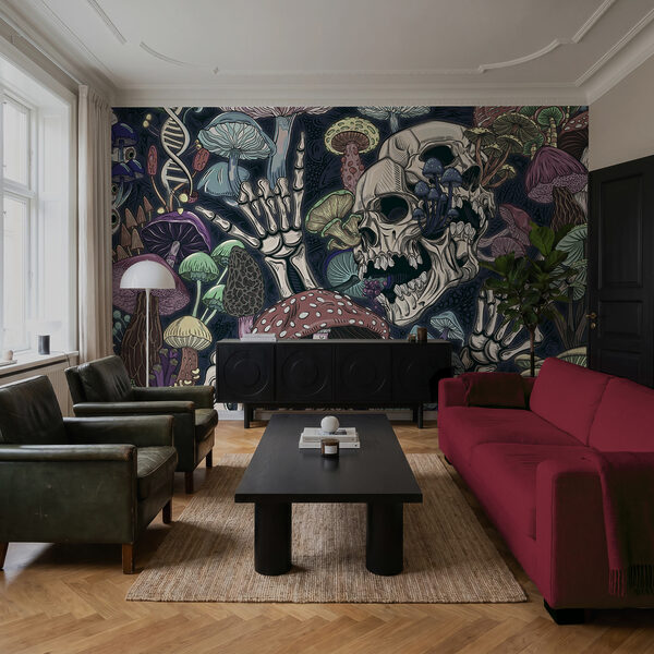 Skelet en paddenstoelen met een hand Skelet en paddenstoelen met een hand
