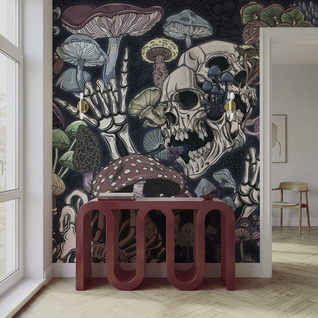 Skelet en paddenstoelen met een hand Skelet en paddenstoelen met een hand