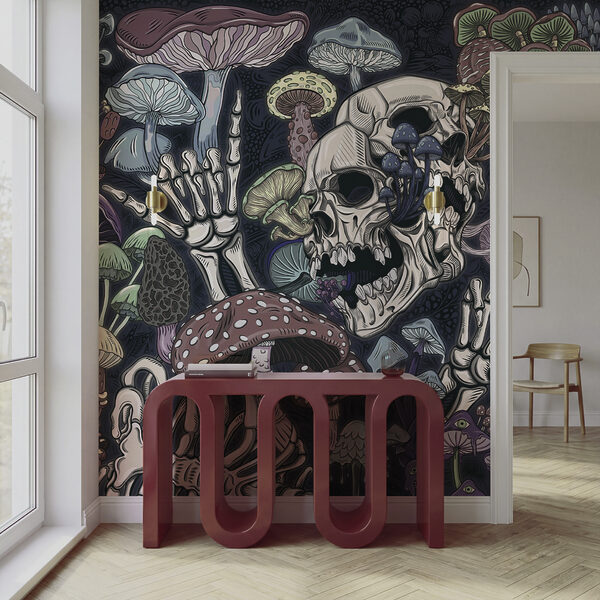 Skelet en paddenstoelen met een hand Skelet en paddenstoelen met een hand