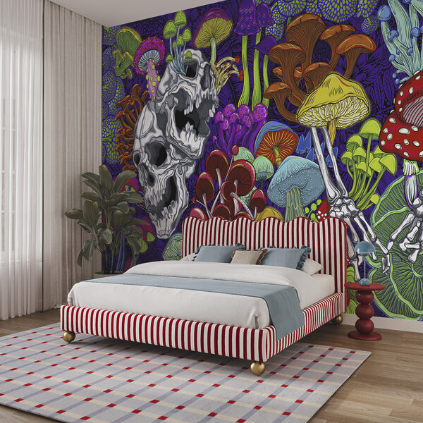 Kleurrijke kunst met paddenstoelen en schedels Kleurrijke kunst met paddenstoelen en schedels
