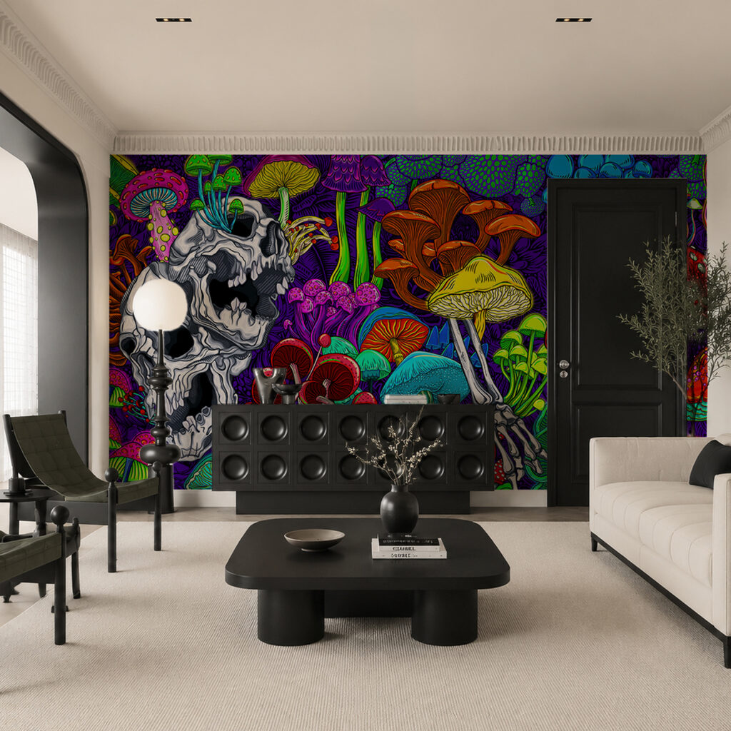 Kleurrijke kunst met paddenstoelen en schedels Kleurrijke kunst met paddenstoelen en schedels