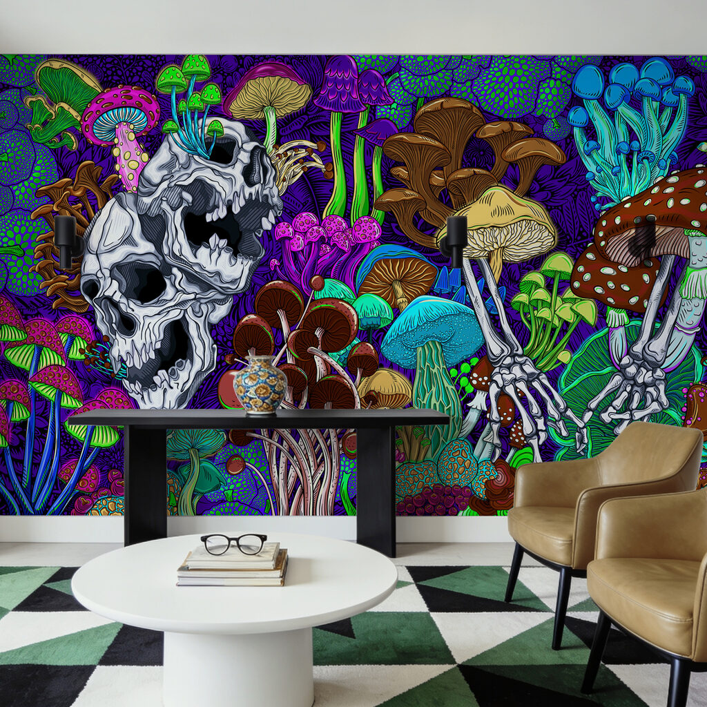 Kleurrijke kunst met paddenstoelen en schedels Kleurrijke kunst met paddenstoelen en schedels