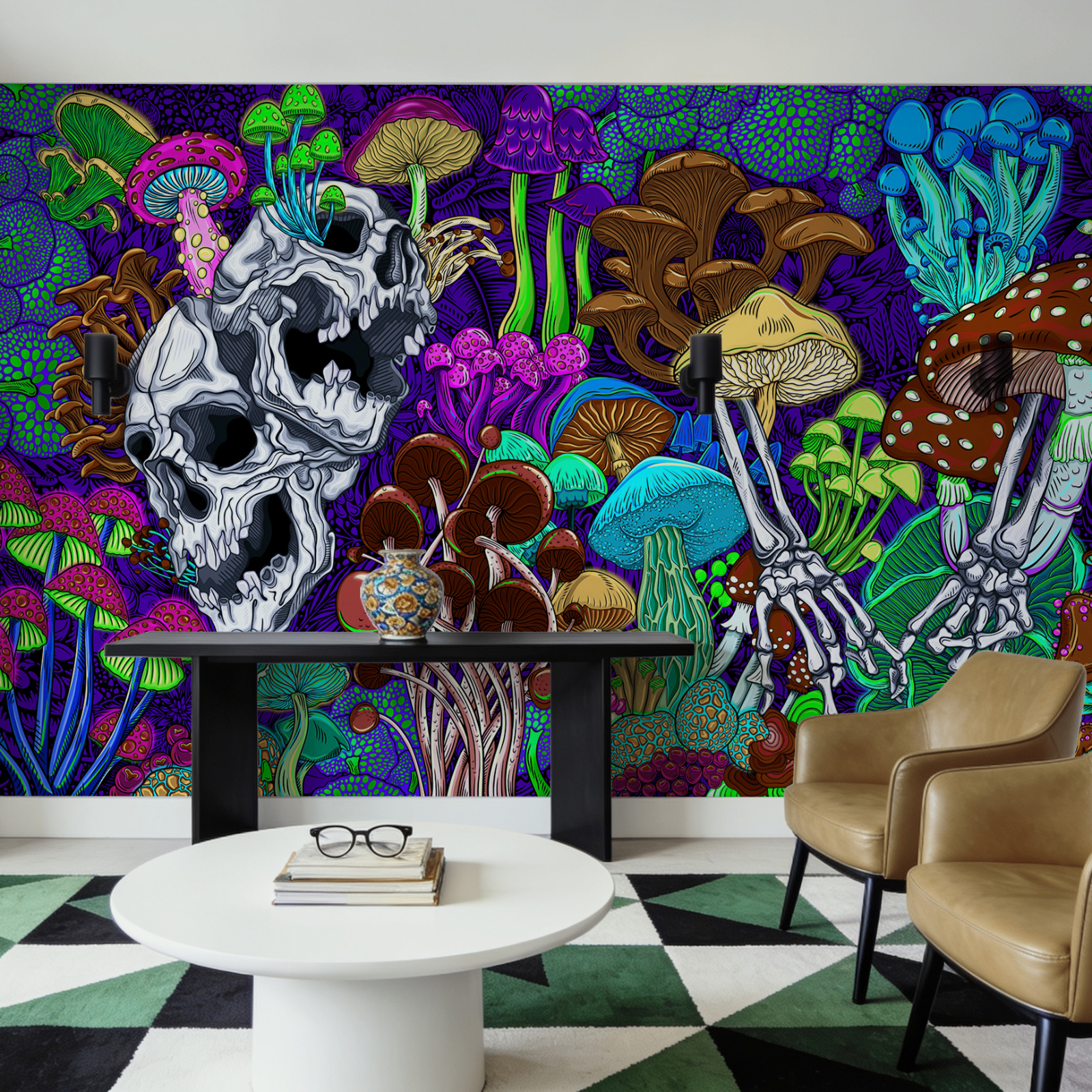 Kleurrijke kunst met paddenstoelen en schedels Kleurrijke kunst met paddenstoelen en schedels