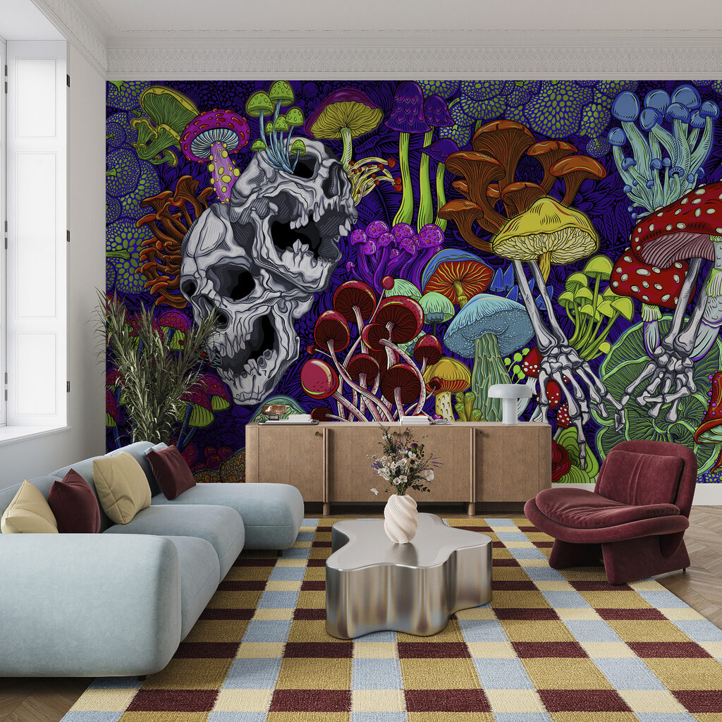 Kleurrijke kunst met paddenstoelen en schedels Kleurrijke kunst met paddenstoelen en schedels