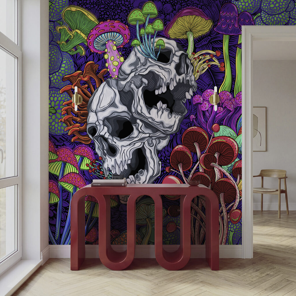 Kleurrijke kunst met paddenstoelen en schedels Kleurrijke kunst met paddenstoelen en schedels