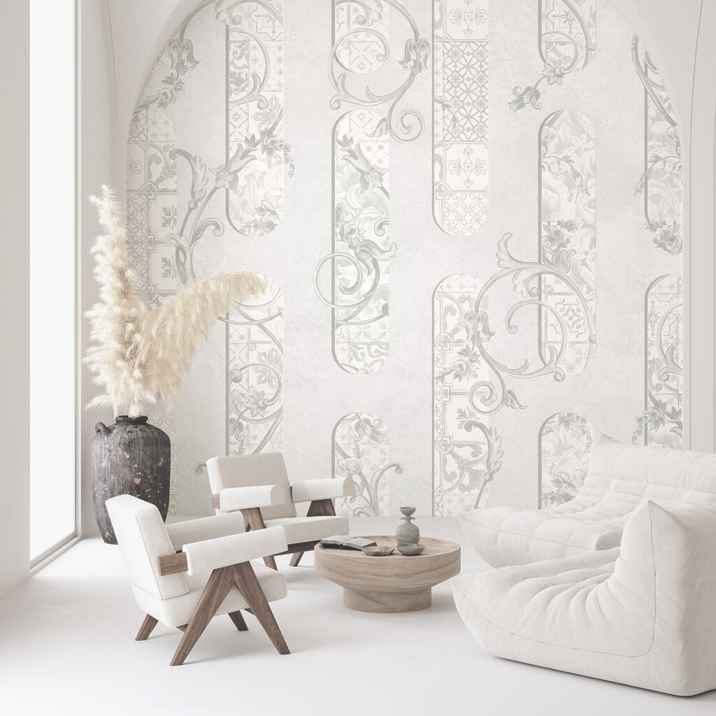 Wit behang met bloemmotieven Wit behang met bloemmotieven