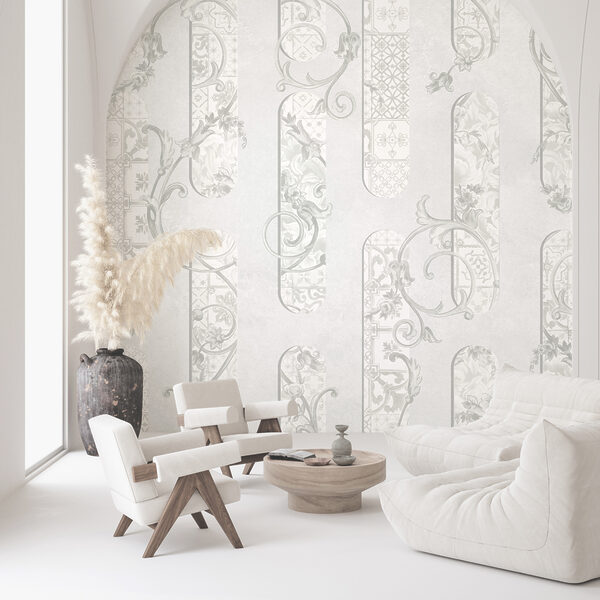 Wit behang met bloemmotieven Fotobehang Wit behang met bloemmotieven