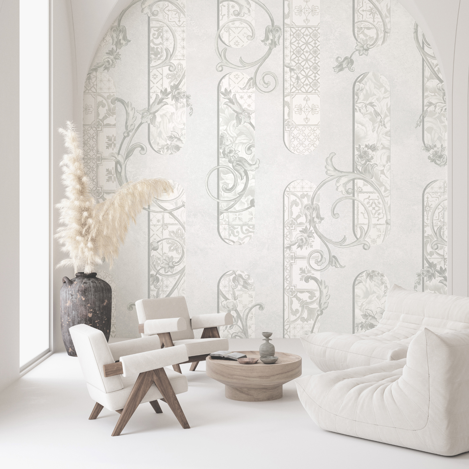 Wit behang met bloemmotieven Wit behang met bloemmotieven
