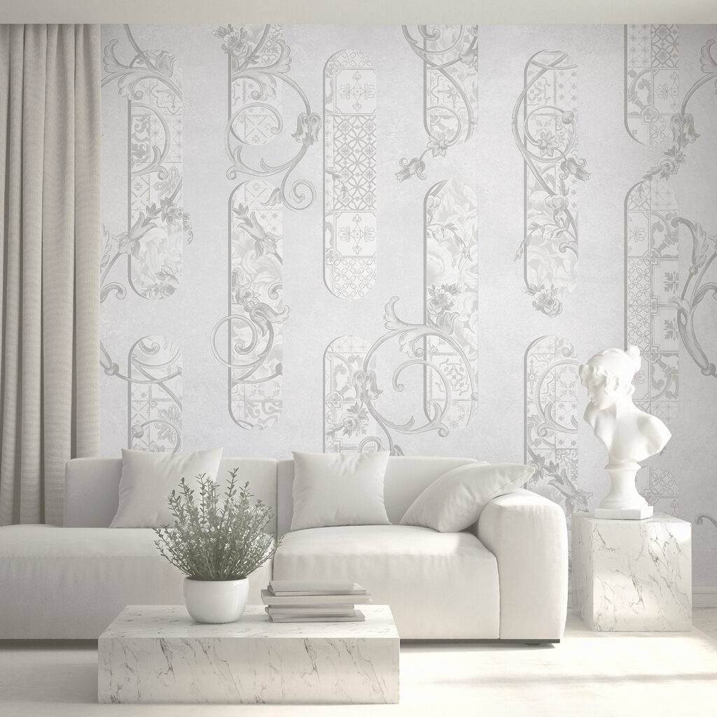 Wit behang met bloemmotieven Wit behang met bloemmotieven