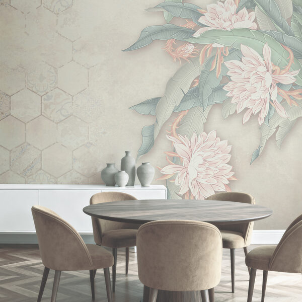 Witte en roze bloem met groene bladeren Fotobehang Witte en roze bloem met groene bladeren