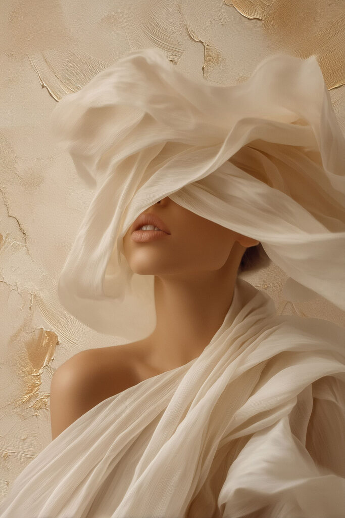 Woman with a white cloth covering her face Woman with a white cloth covering her face