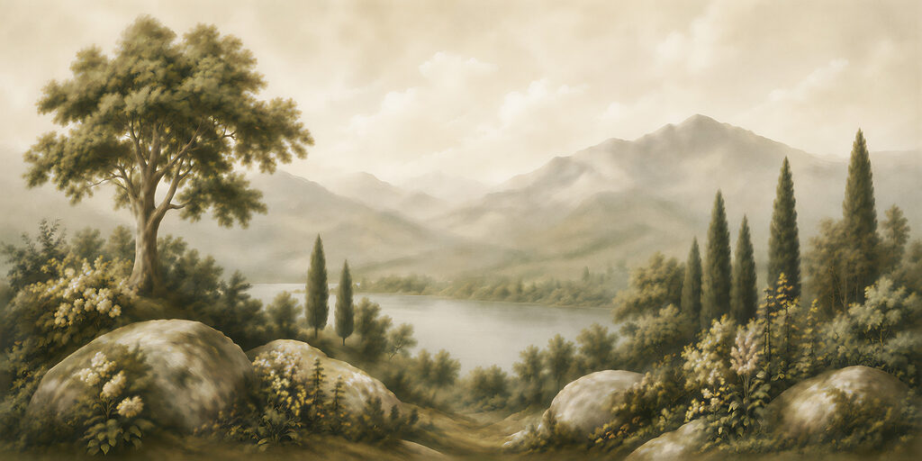 Painting of a lake and mountains