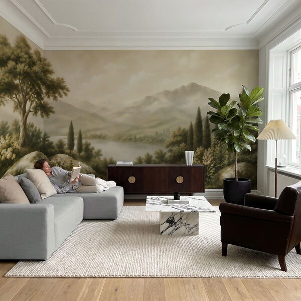 Schilderij van een meer en bergen