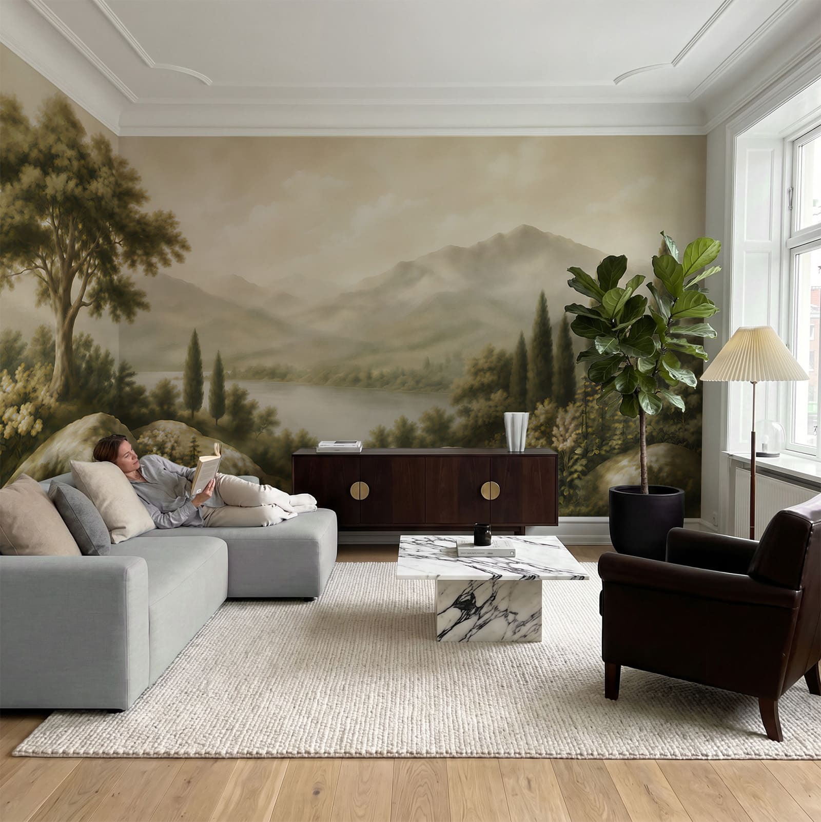 Schilderij van een meer en bergen