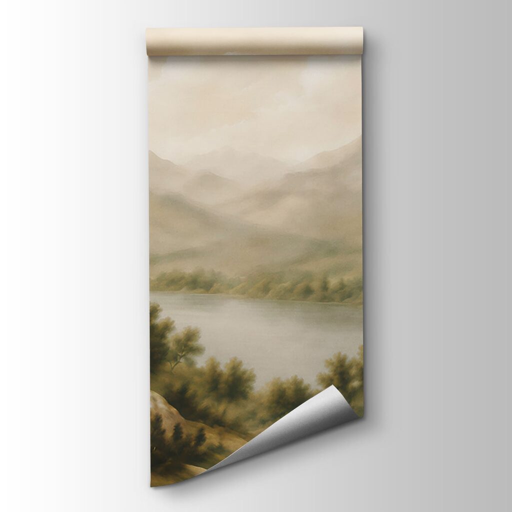 Painting of a lake and mountains