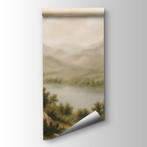Painting of a lake and mountains
