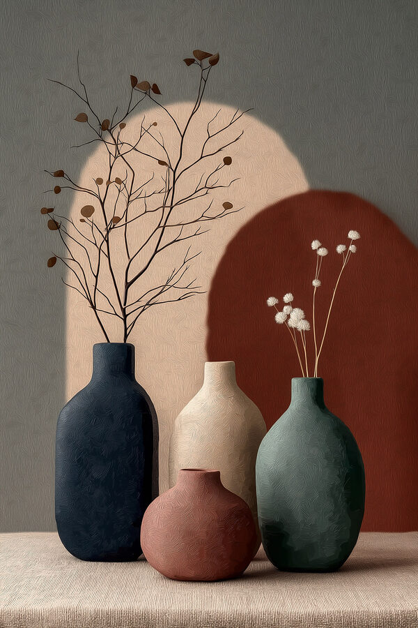 Group of vases with flowers in them
